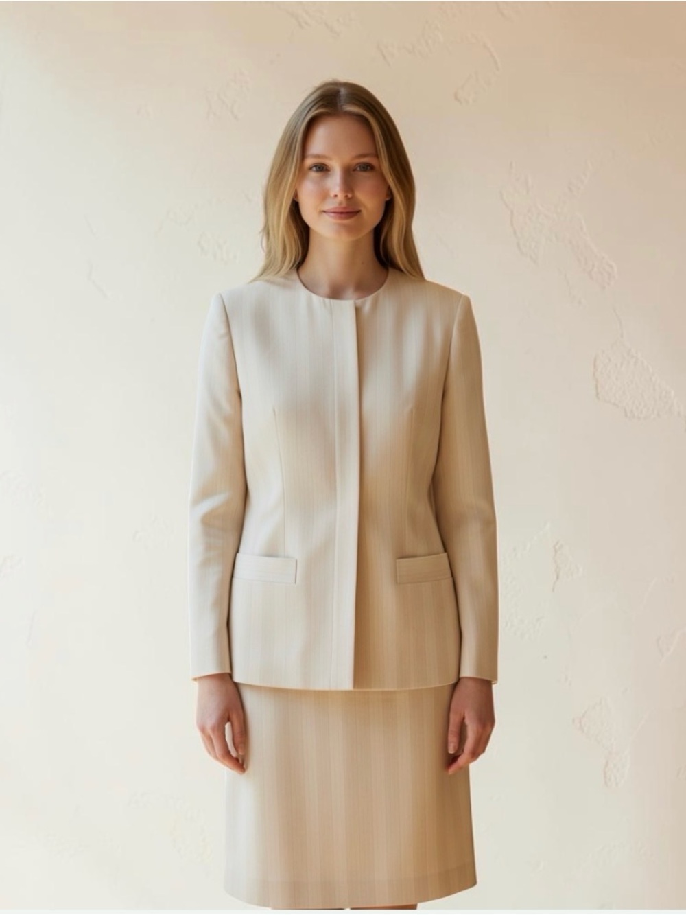 Vintage Christian Dior Women's Off-White Two-Piece Jacket and Skirt Set size 8